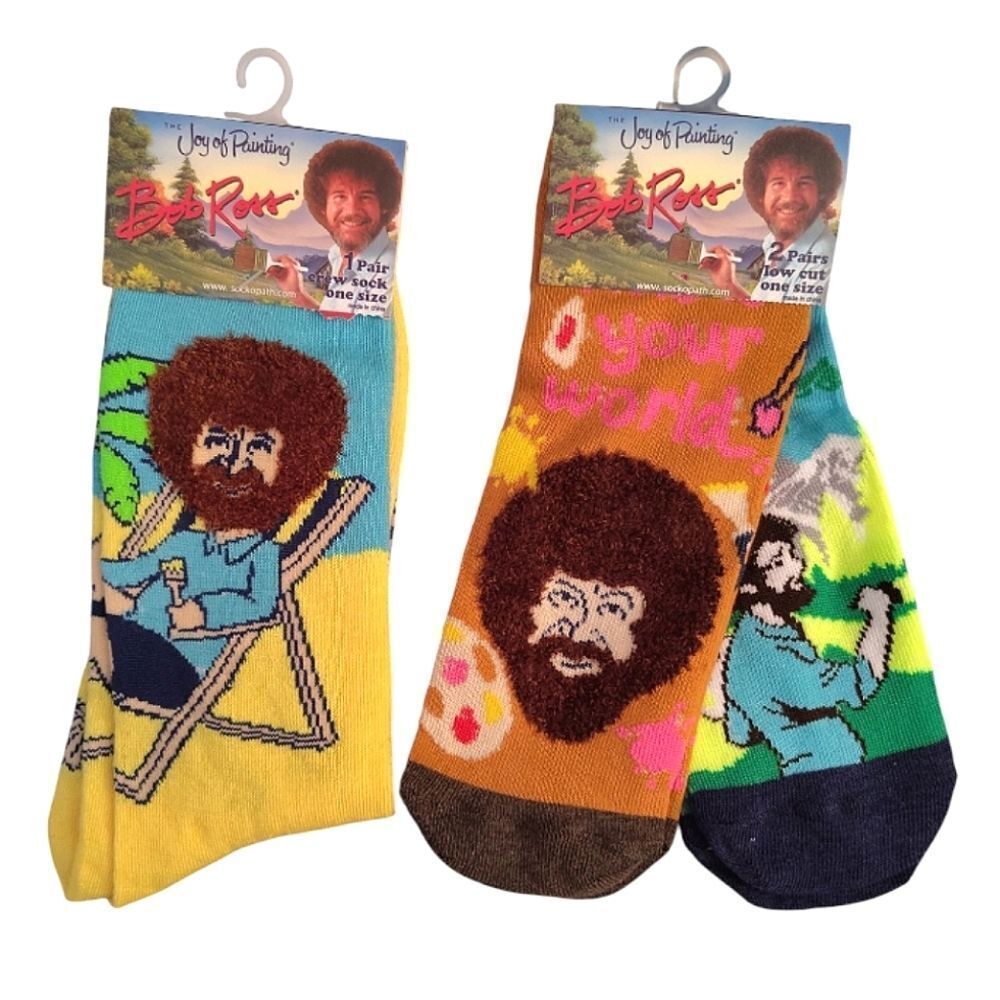$9💥 Bob Ross Printed 3 Pairs Colorful Hippie Unisex Socks NWT Artsy Neon‎